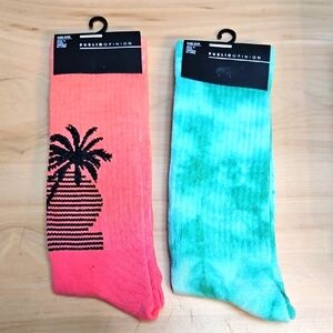 Nordstrom Public Opinion Coral Palm Tree & Green Tie Dye Crew Socks Vibrant NWT